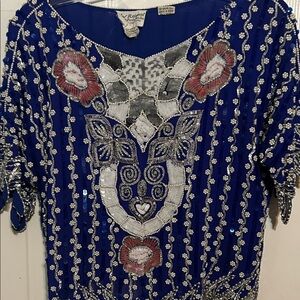 Adia Royal Blue Beaded‎ Embellished Women's Blouse 100% Silk